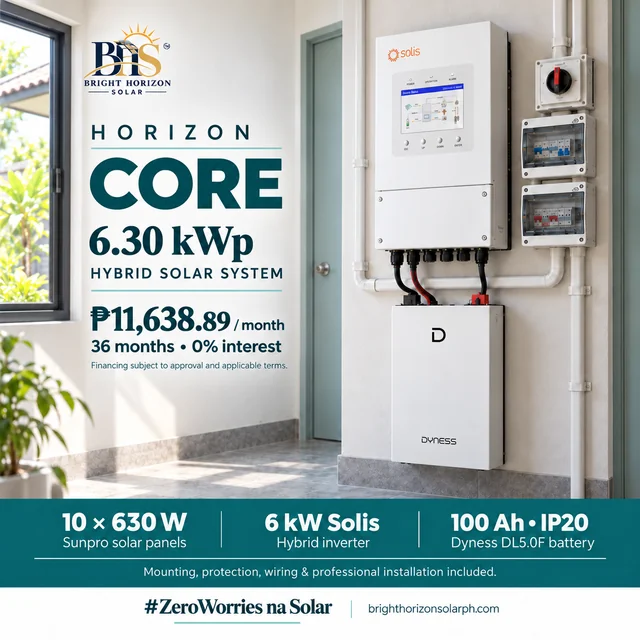 Horizon Core 6.30 kWp hybrid solar package with 10 Sunpro panels, Solis inverter and Dyness DL5.0F 100 Ah (IP20)