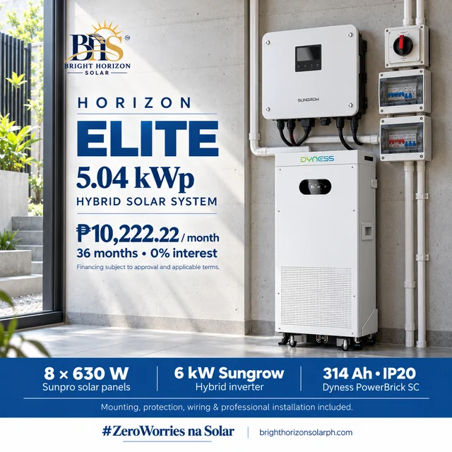 Horizon Elite 5.04 kWp hybrid solar package with 8 Sunpro panels, Sungrow inverter and Dyness PowerBrick SC 314 Ah (IP20)