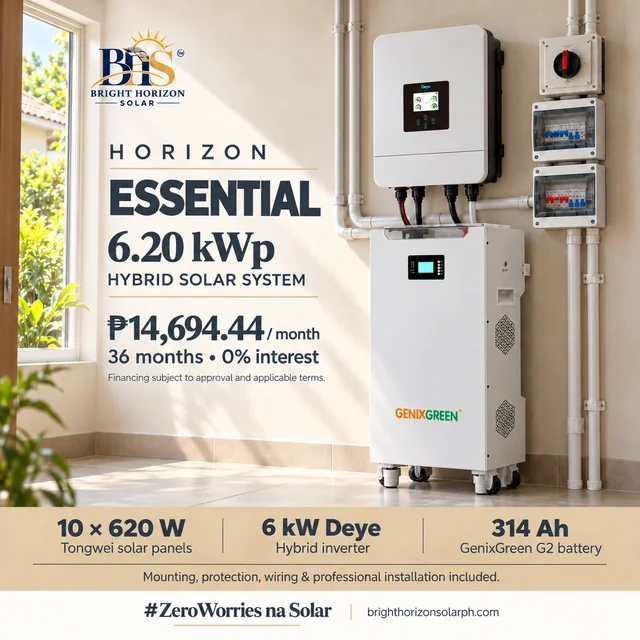 Horizon Essential 6.20 kWp hybrid solar package with 10 Tongwei panels, Deye inverter and GenixGreen G2 314 Ah