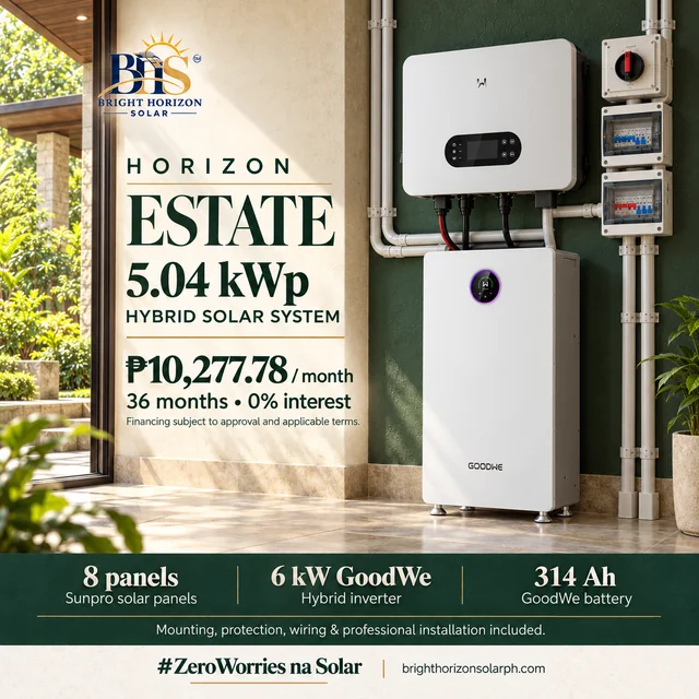 Horizon Estate 5.04 kWp hybrid solar package with 8 Sunpro panels, GoodWe inverter and GoodWe 314 Ah