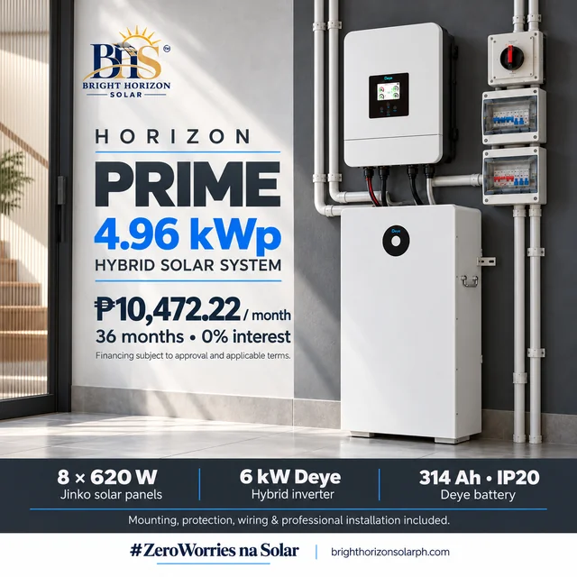 Horizon Prime 4.96 kWp hybrid solar package with 8 Jinko panels, Deye inverter and Deye 314 Ah (IP20)