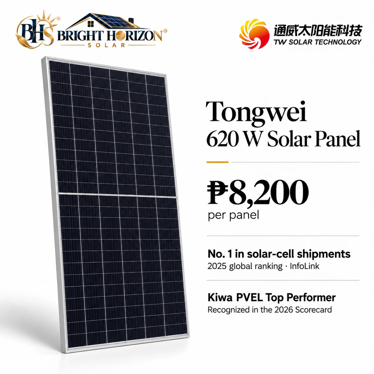 Tongwei 620 W solar panel options available through Bright Horizon Solar